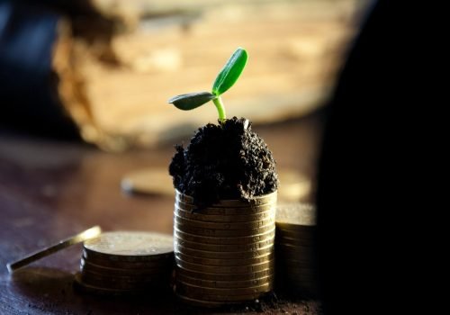 Een stapel met munten met aarde en een plantje erop